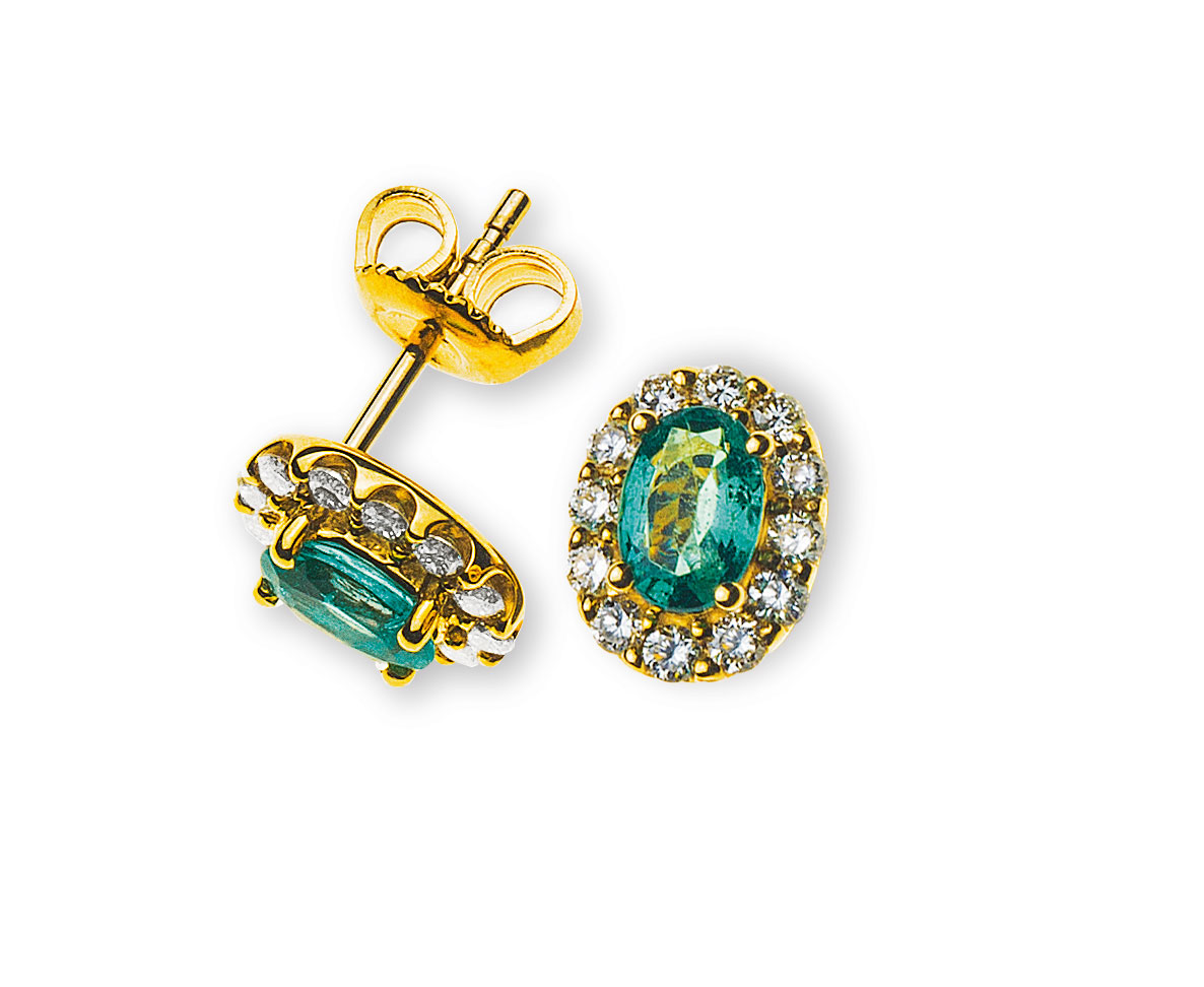 AURONOS Prestige Stud Earrings 18K Yellow Gold Emerald 0.89ct with Diamonds