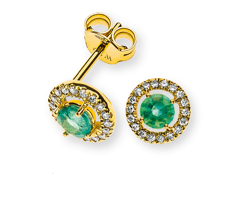 AURONOS Prestige Stud Earrings 18K Yellow Gold Emerald 0.34ct with Diamonds