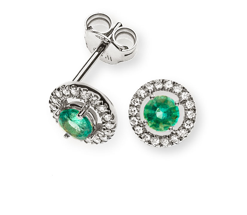 AURONOS Prestige Stud Earrings 18K White Gold Emerald 0.34ct with Diamonds