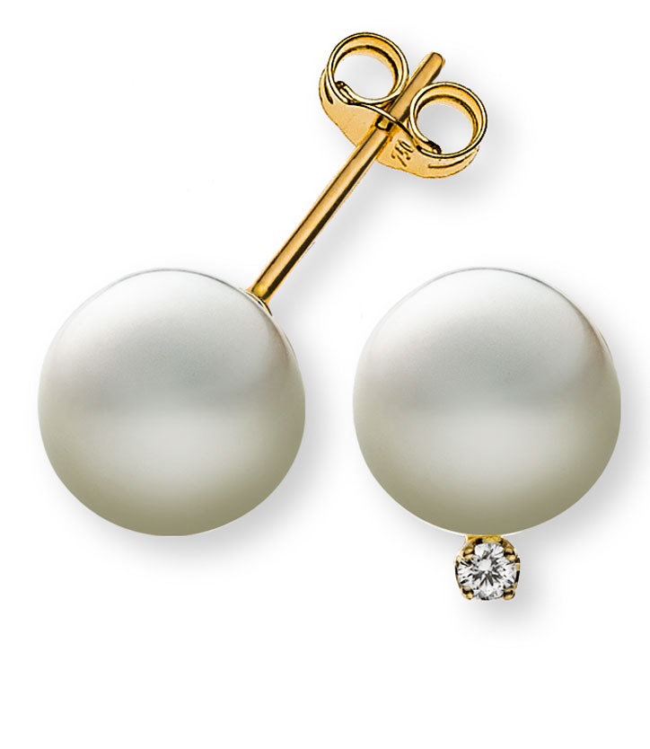 AURONOS Prestige Pearl stud earrings 18K yellow gold 9mm with diamond