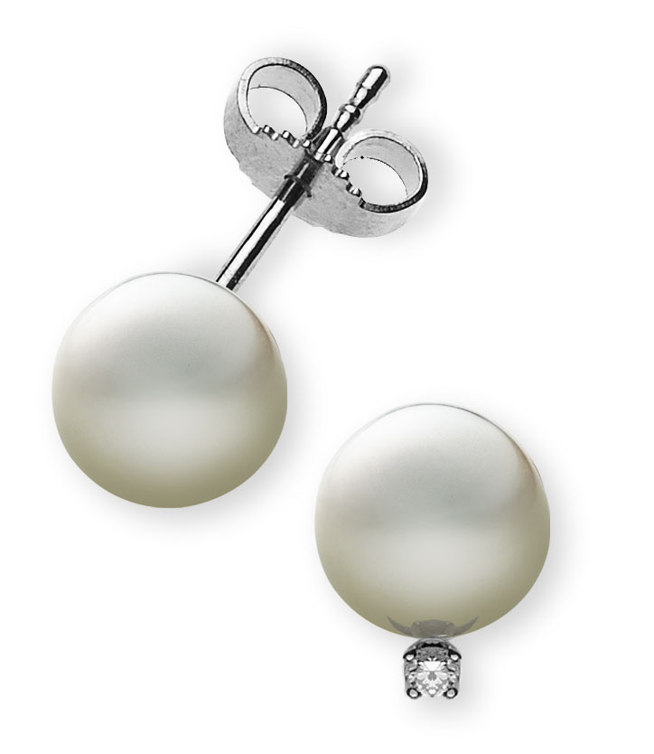 AURONOS Prestige Clous d'oreilles en perles en or blanc 18 carats 7mm avec diamant