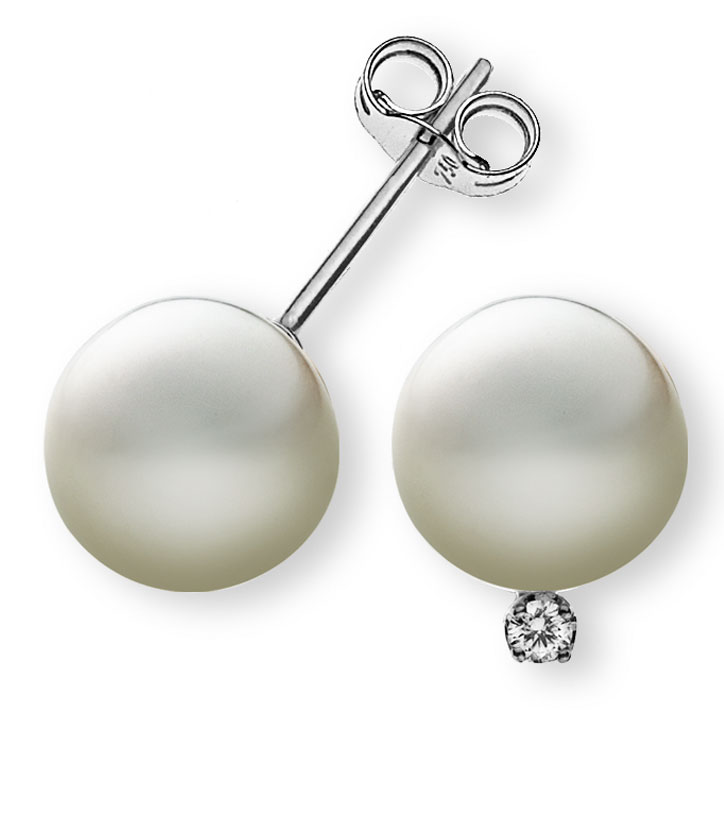 AURONOS Prestige Boucles d'oreilles en perles en or blanc 18 carats 9mm avec diamant