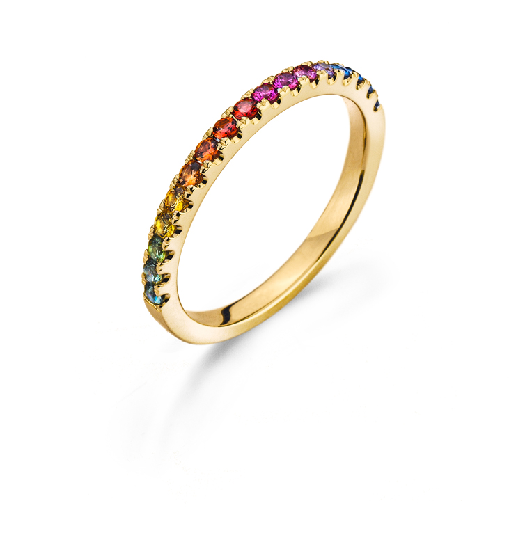 AURONOS Prestige Ring "Rainbow" yellow gold 18K 17 sapphires 0.42ct Gr.54