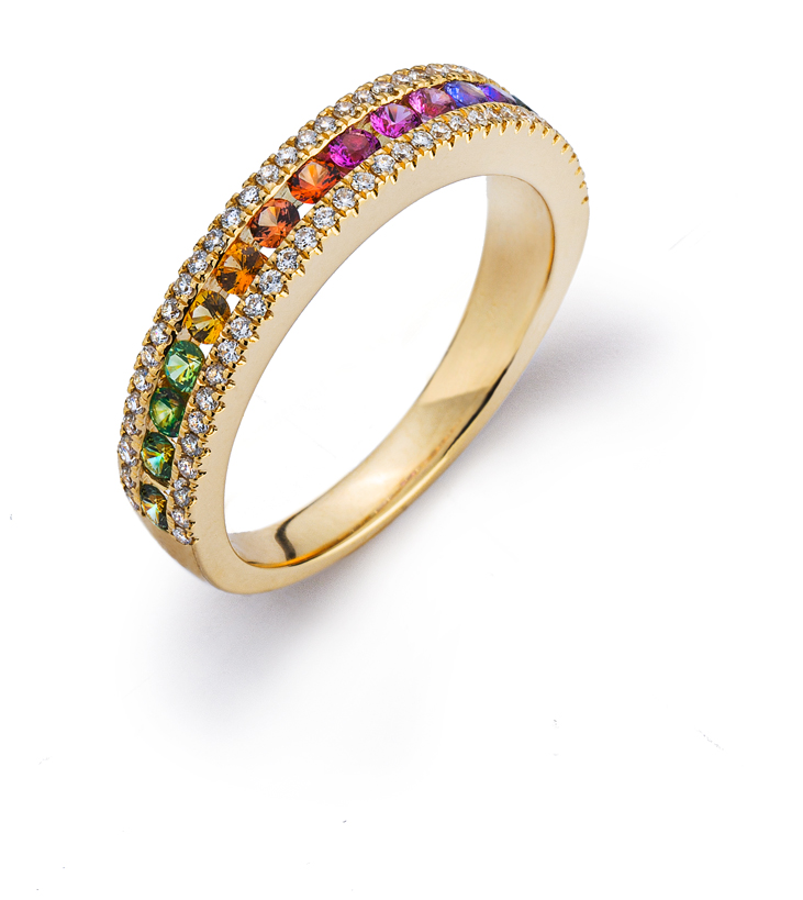 AURONOS Prestige Ring "Rainbow" yellow gold 18K 15 sapphires 0.51ct diamonds 0.21ct Gr.54