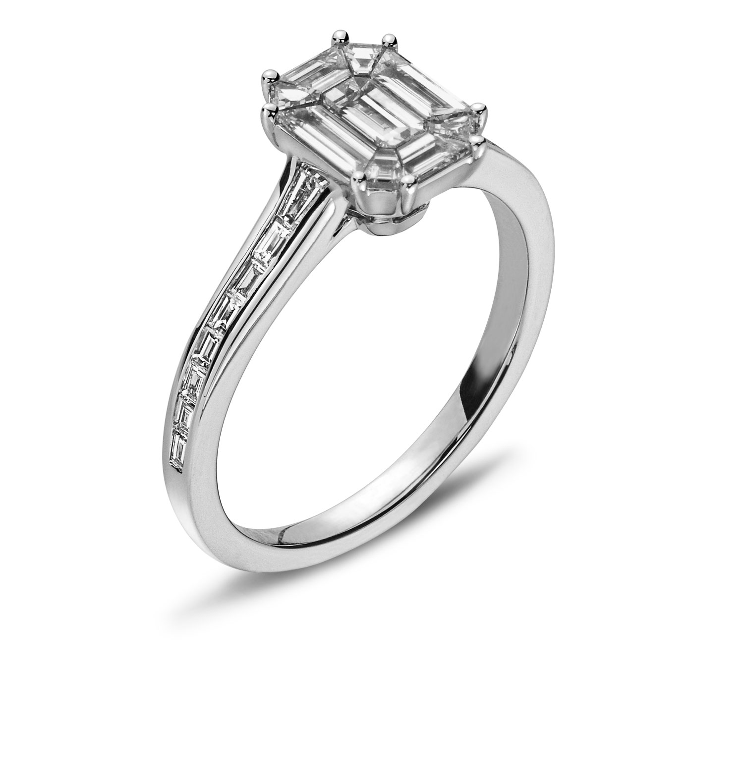 AURONOS Prestige Ring Weissgold 18K Diamanten 0.69ct, Baguette 0.21ct und Trapez Diamanten 0.10ct