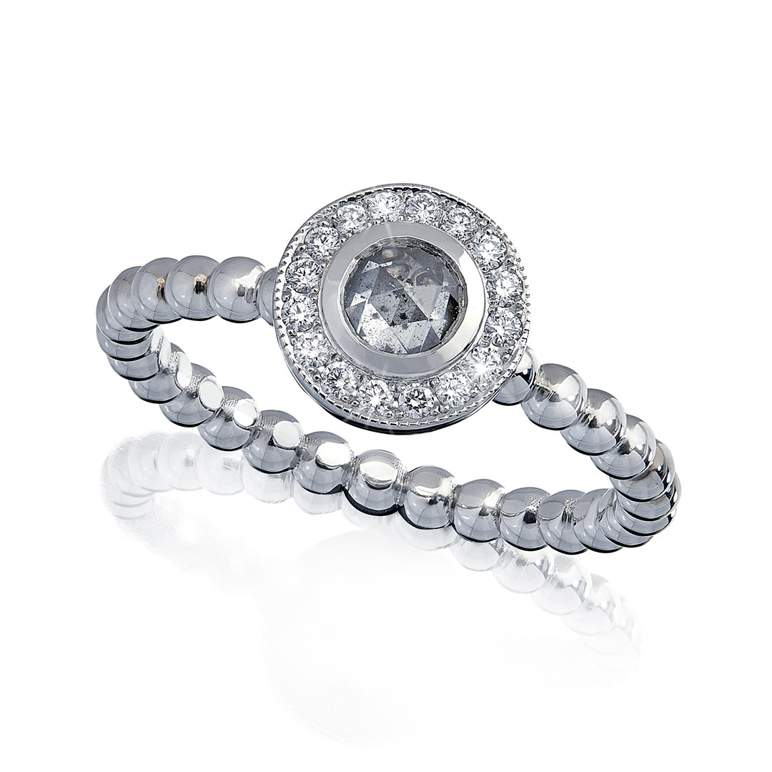 Solitaire-Ring "Zattera-Sfera" in Platin mit Diamant-Rose und Brillanten, Messerer Juwelier Zürich