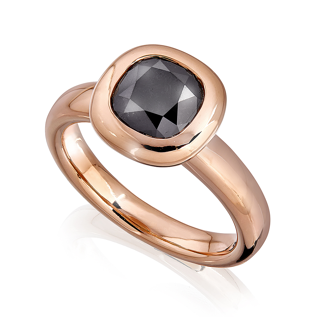 Solitaire-Ring "Zattera" in Rotgold mit schwarzem Diamant-Cushion, Messerer Juwelier Zürich