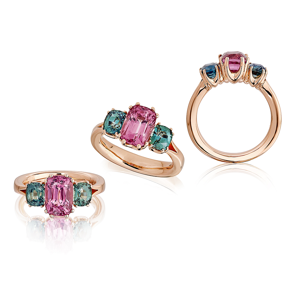 Ring in Rotgold mit rosa Spinell 3,2ct. und grün-blauen Saphir Cushion, Messerer Juwelier Zürich