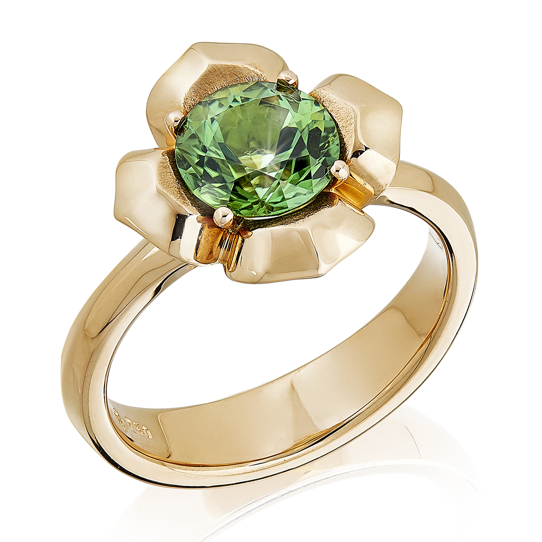 Blumen-Solitaire Ring in Roségold mit grünem Turmalin, Messerer Juwelier Zürich