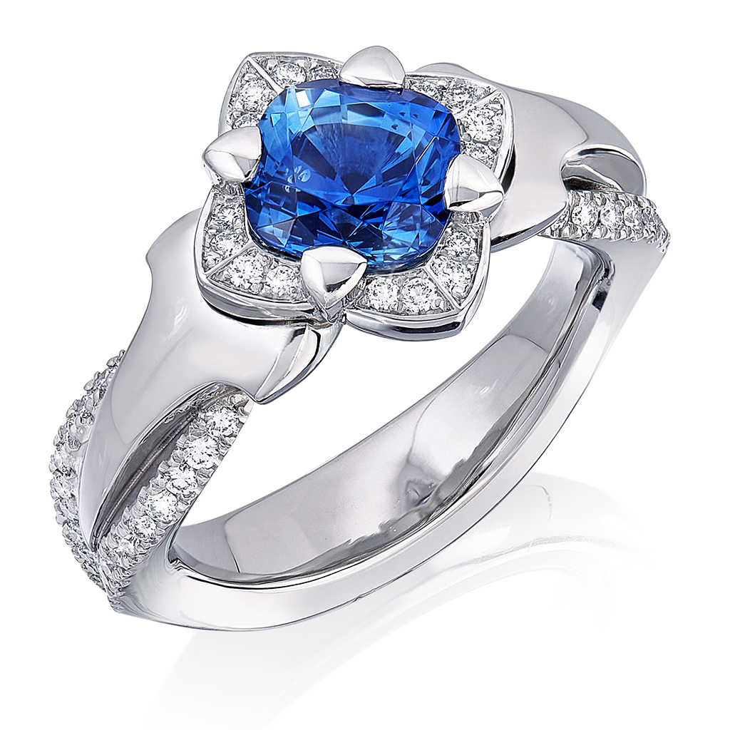 Ring "Mona" in Platin mit blauem Saphir 2,1ct. und 60 Brillanten, Messerer Juwelier Zürich