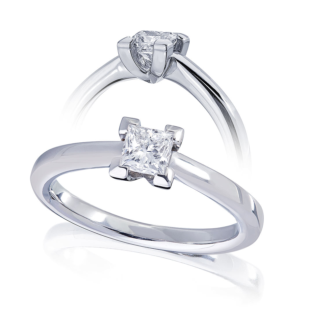 Solitaire in Platin mit "Princess"-Diamant 0,43ct., Messerer Juwelier Zürich