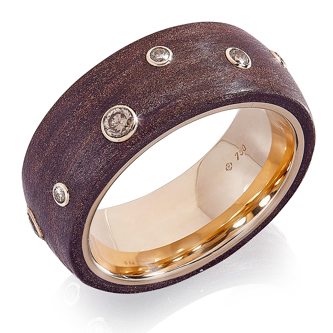 Sternenhimmel-Ring in Roségold mit Cocobolo-Fibre und 12 Brillanten, Messerer Juwelier Zürich