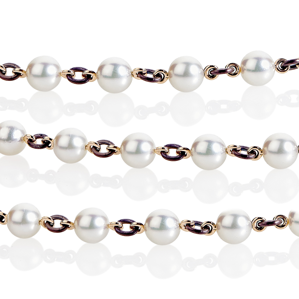 Perlen-Collier mit Roségold, braunem INOX und Akoya-Perlen, Messerer Juwelier Zürich