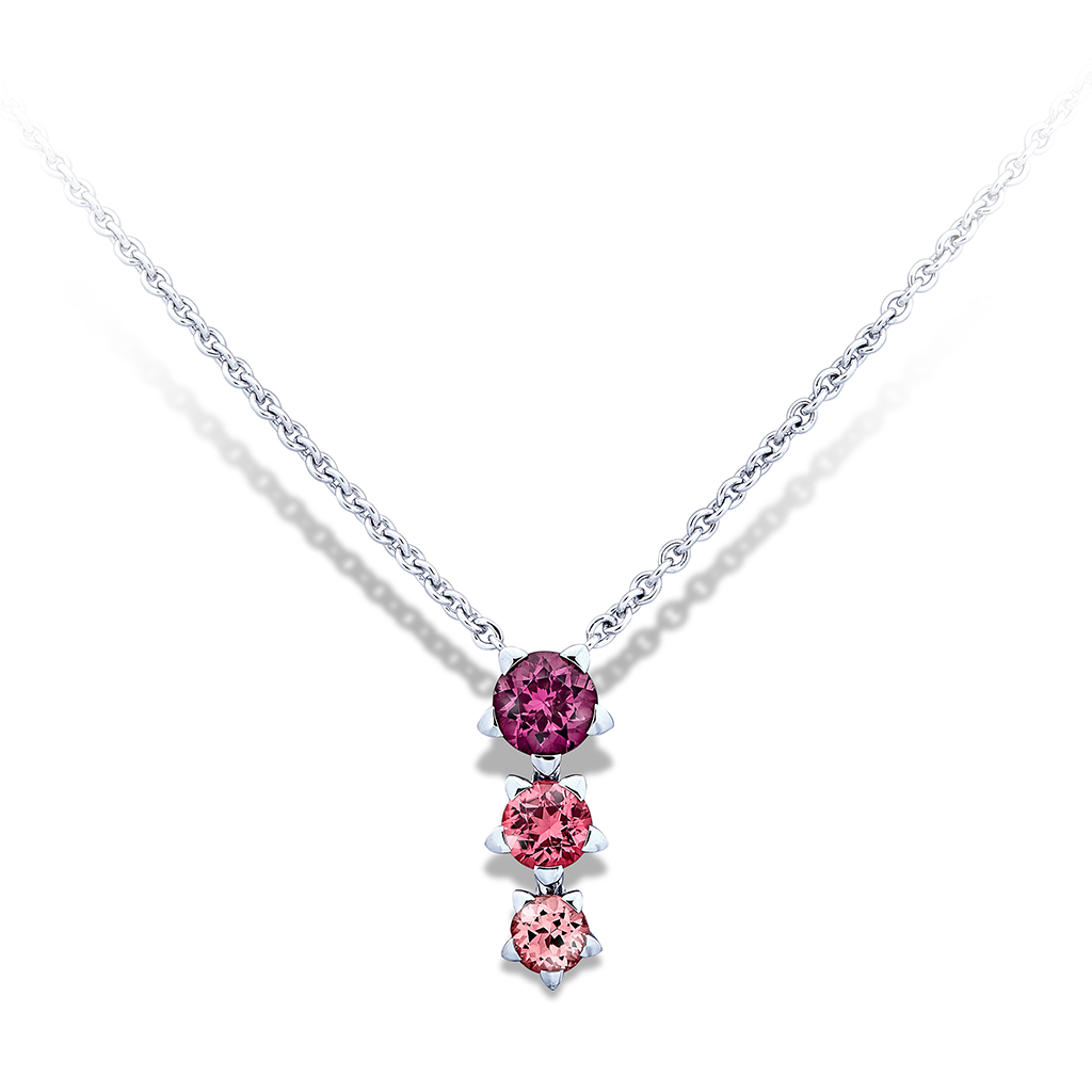 Collier/Anhänger in Weissgold mit drei rosa Turmalinen im Verlauf, Messerer Juwelier Zürich