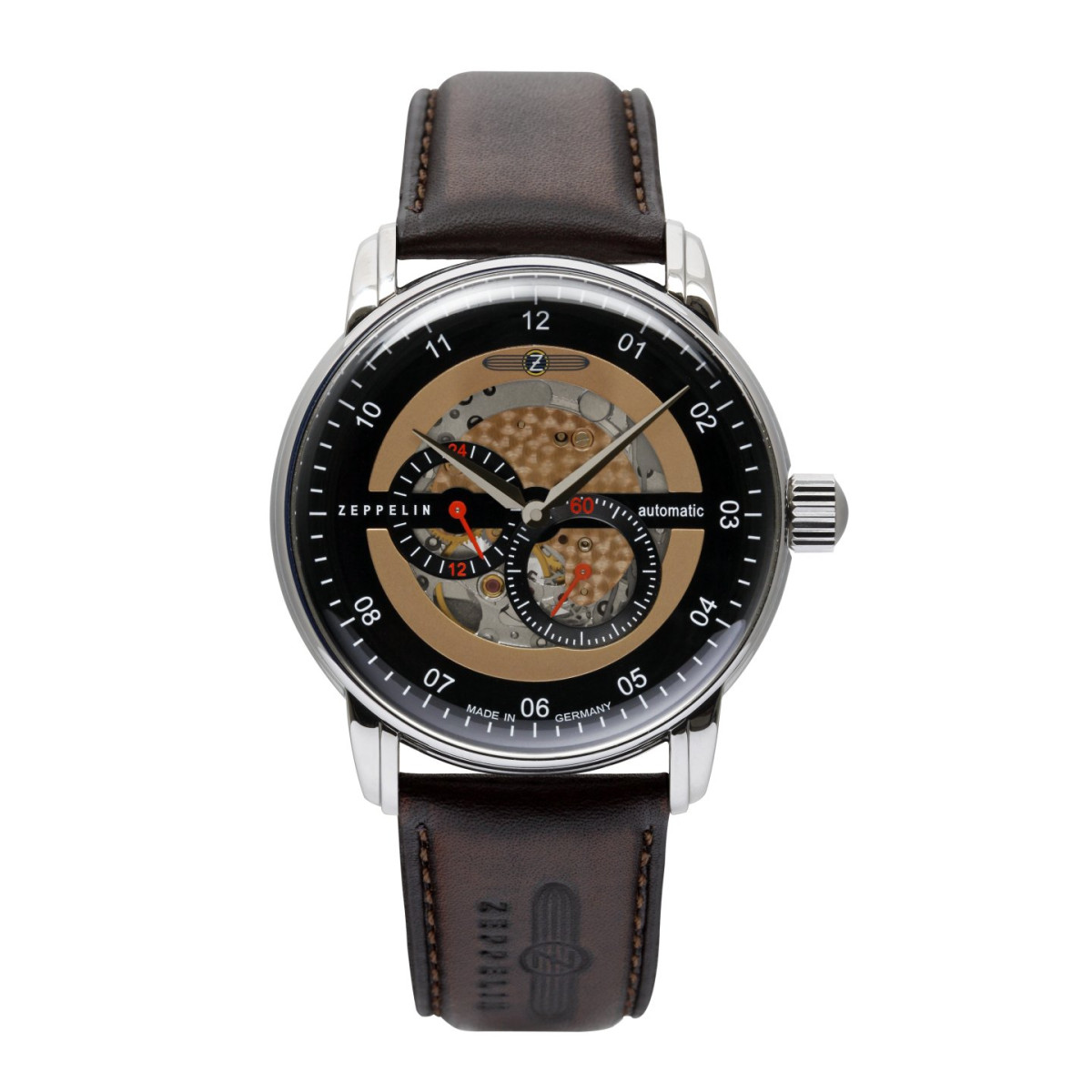 Zeppelin New Captain's Line Automatic with skeletonized dial and leather strap