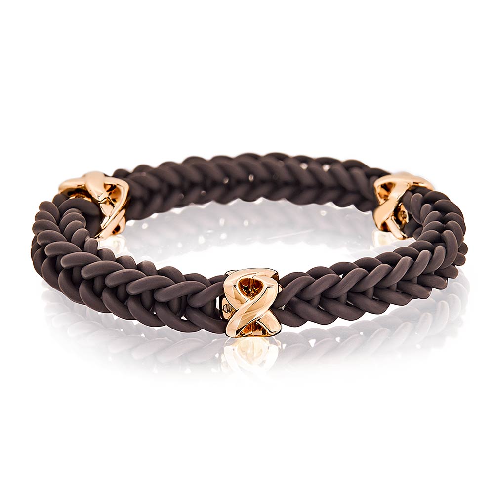 KAIROS Armband mit braunem Kautschuk und "Criss-Cross"-Elementen in Roségold, Messeerer Juwelier Zürich