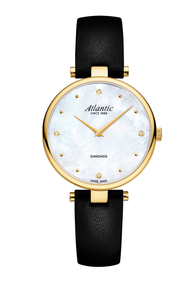 Atlantic Elegance Diamonds Pattern Edition en acier inoxydable PVD or jaune / cuir noir & nacre