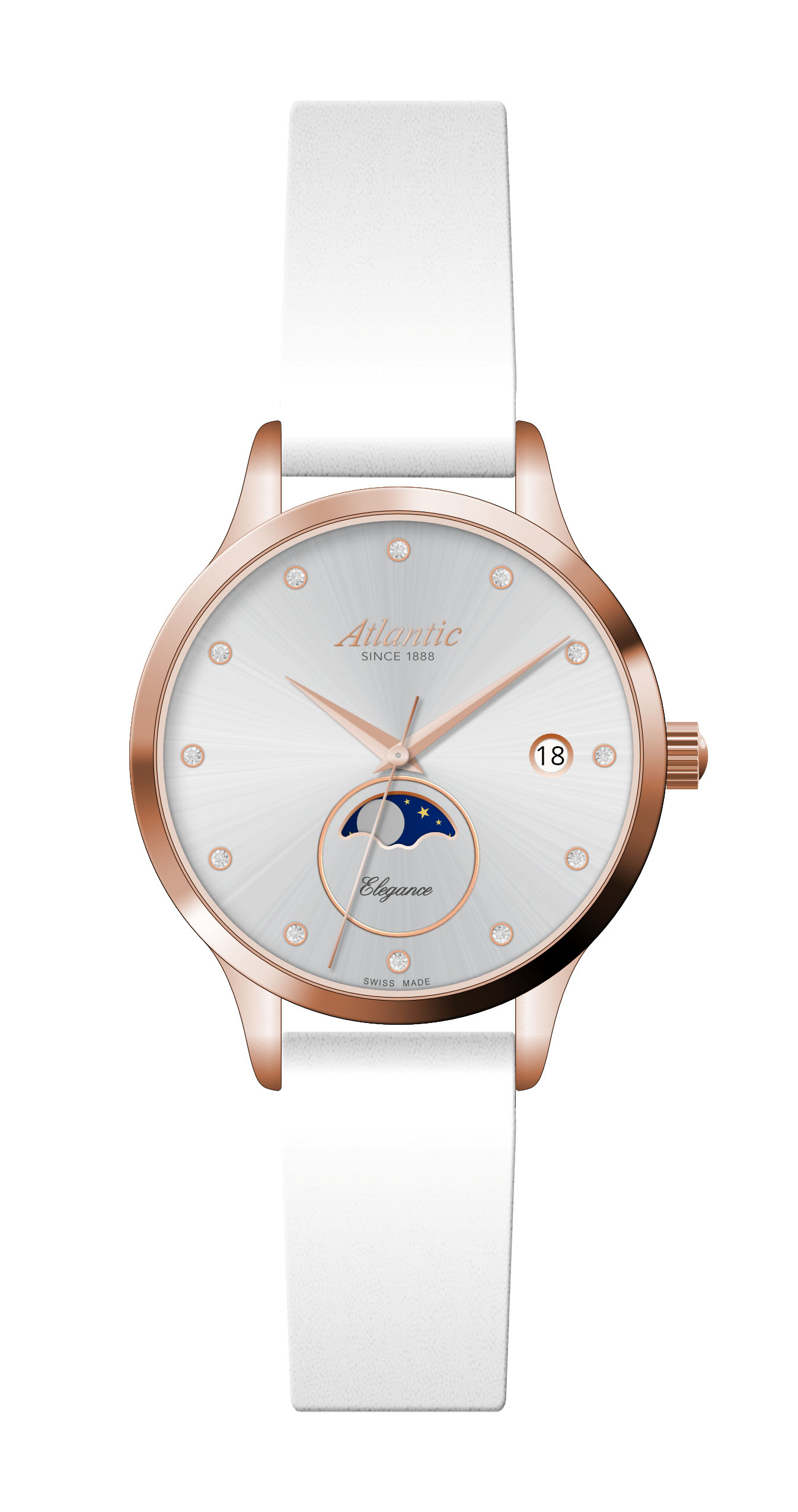 Atlantic Elegance Moonphase en acier inoxydable PVD or rose / blanc cuir & zirconia