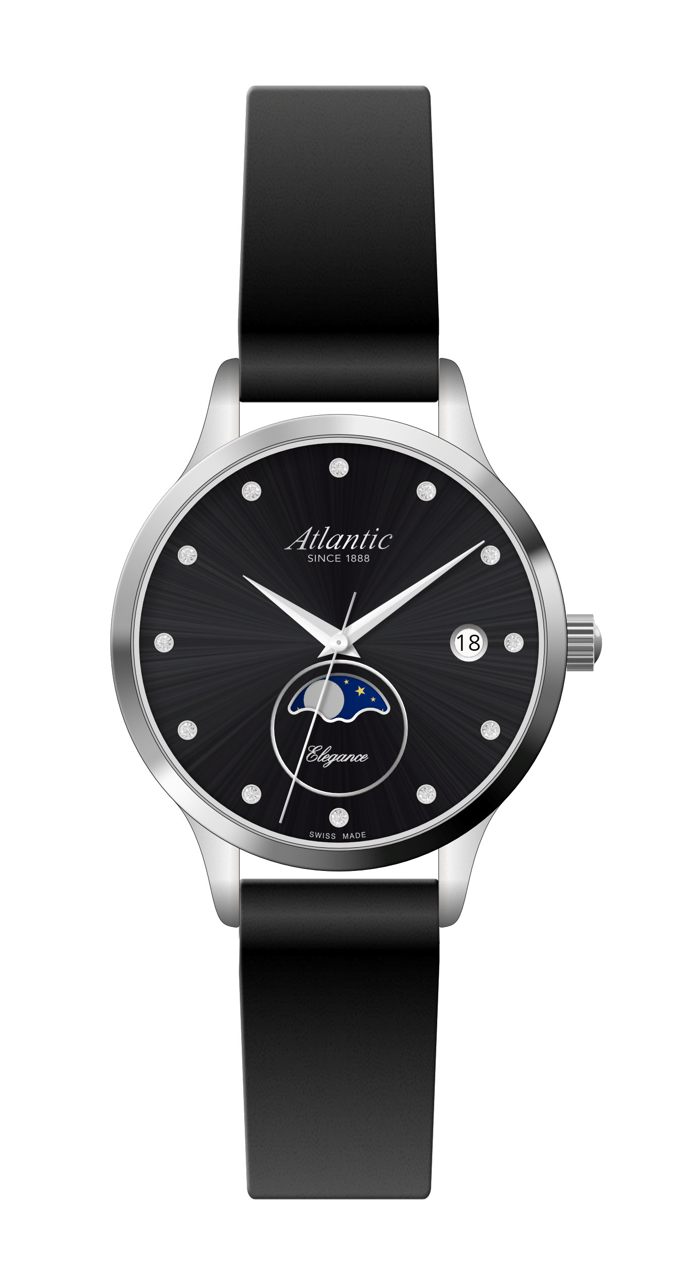 Atlantic Elegance Moonphase Edelstahl / Schwarz Leder & Zirkonia