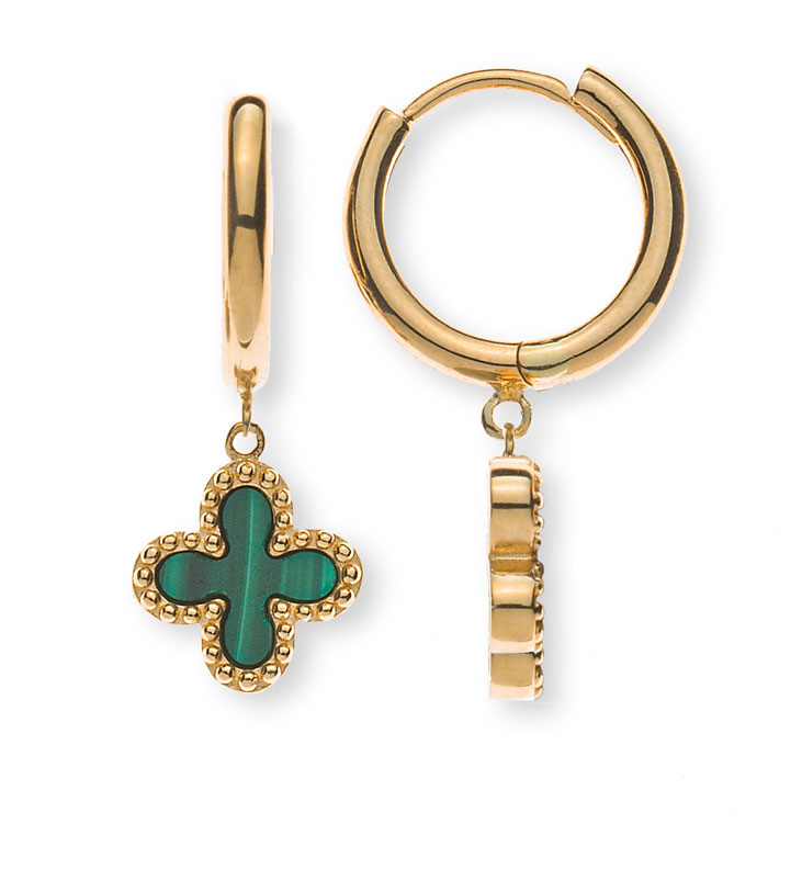 AURONOS Prestige Créoles en or jaune 18K Croix en malachite 8mm