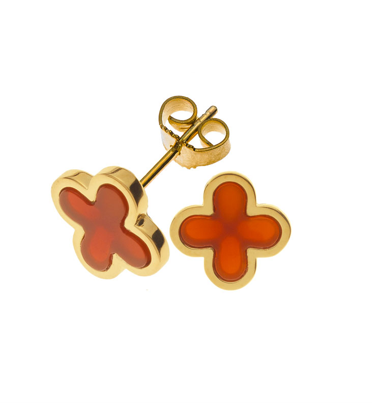 AURONOS Prestige Stud earrings 18K yellow gold with carnelian crosses 12mm