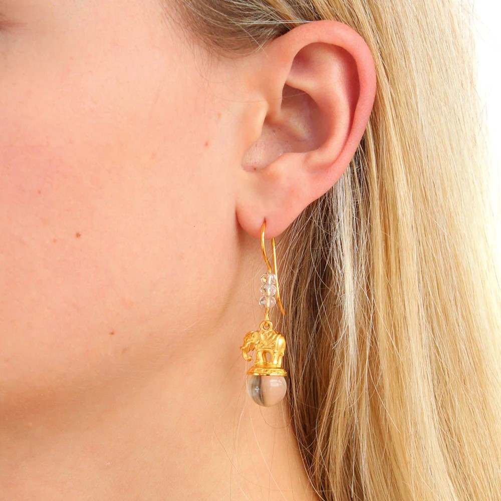 Drachenfels Ganesha Earrings 925 silver gold-plated rock crystal ball