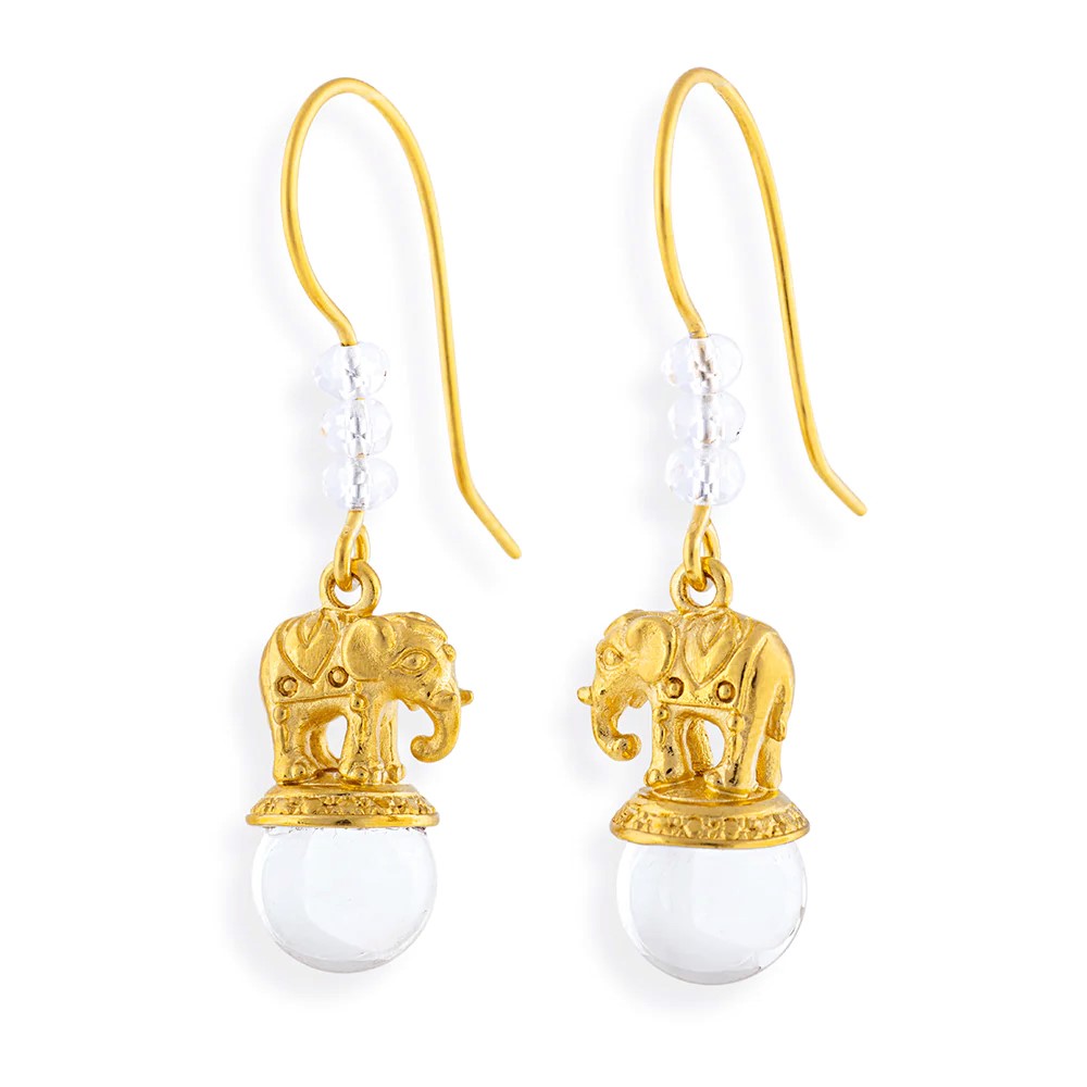 Drachenfels Ganesha Boucles d'oreilles 925 argent plaqué or Boule de cristal de roche