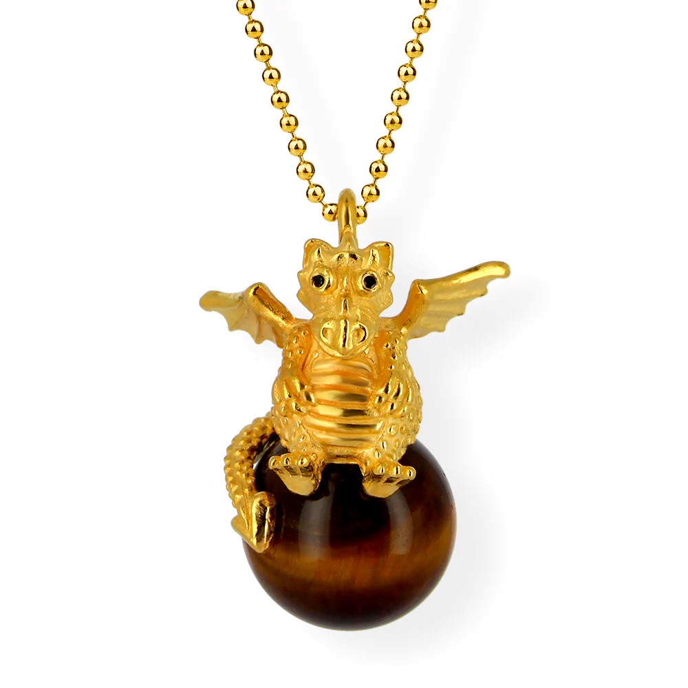 Drachenfels DragoERNIE & BERT Pendant 925 silver gold-plated tiger's eye ball