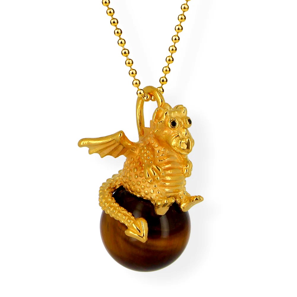 Drachenfels DragoERNIE & BERT Pendant 925 silver gold-plated tiger's eye ball