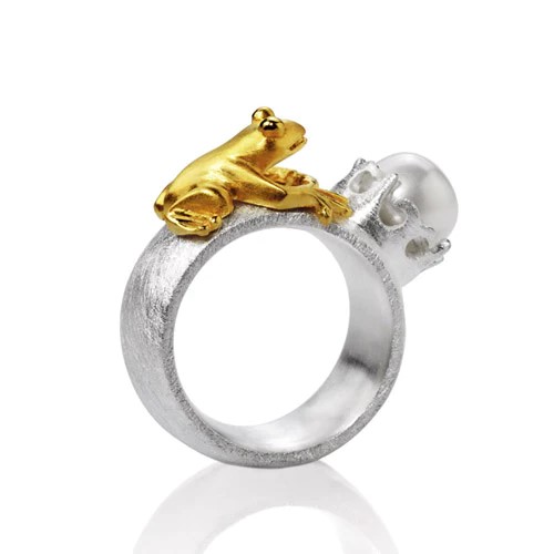 Drachenfels Froschkönig Ring 925 silver gold-plated freshwater cultured pearl size 52