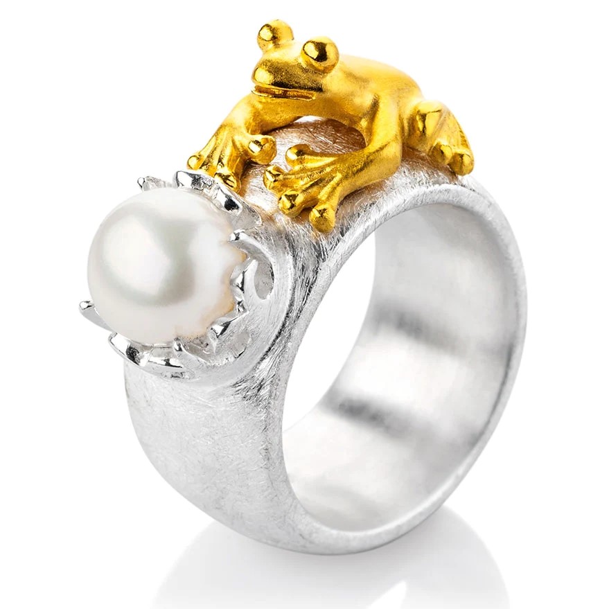 Drachenfels Froschkönig Ring 925 silver gold-plated freshwater cultured pearl size 52