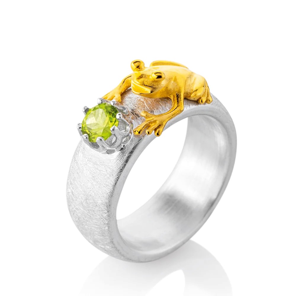 Drachenfels Froschkönig Ring 925 Silber Goldplattiert Peridot Gr.52