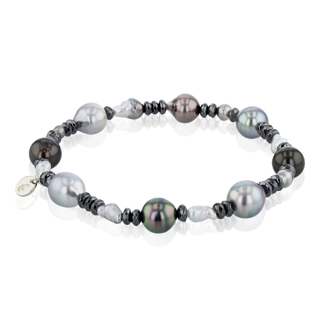 AURONOS Bracelet de perles avec hématite et perles de Tahiti 7-9mm 19cm de long