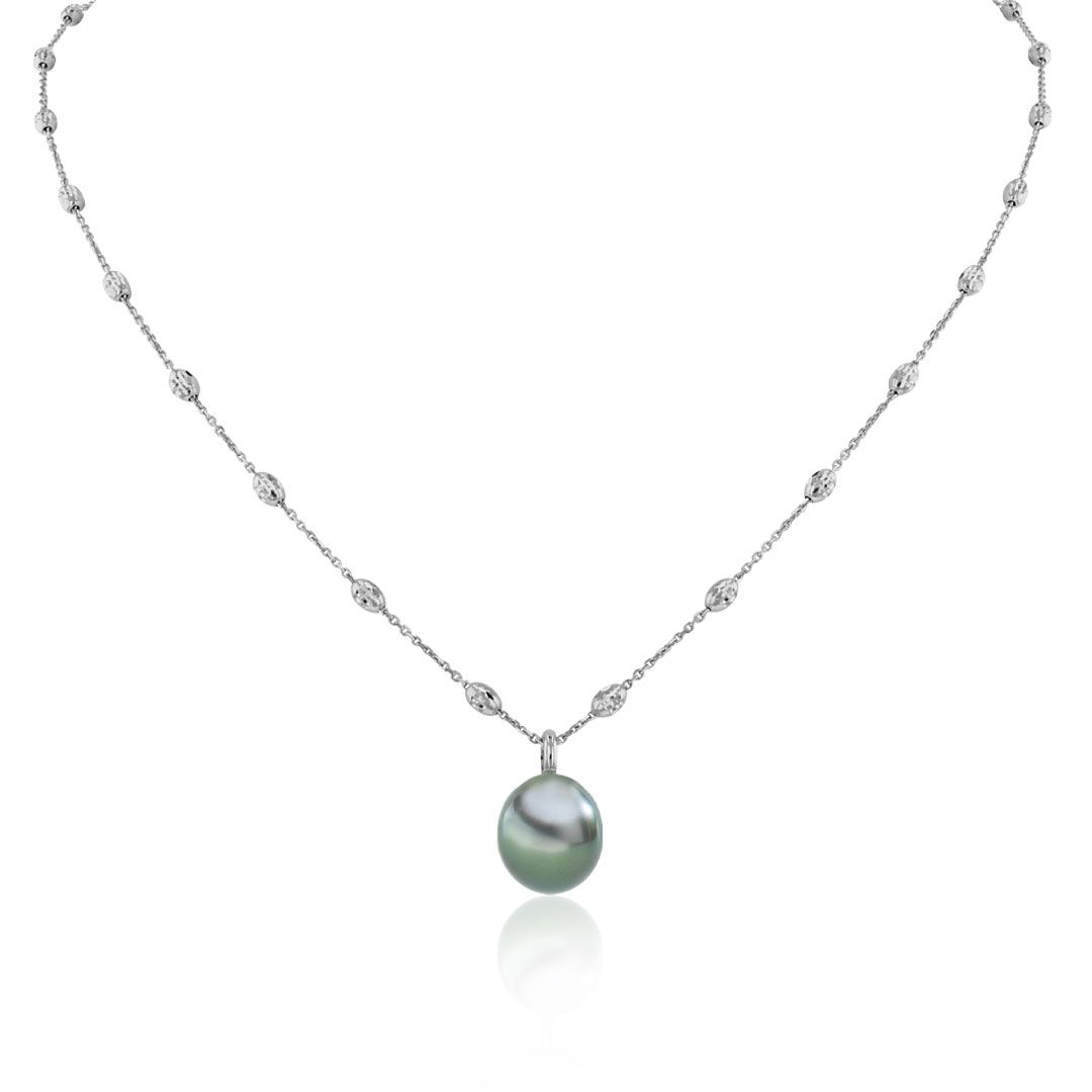 AURONOS Collier de perles en or blanc 18K avec perle de Tahiti 10-11mm 45cm