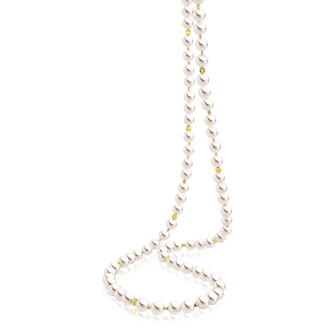 AURONOS Collier de perles en or jaune 18K avec perles d'Akoya 7-7.5mm 100cm