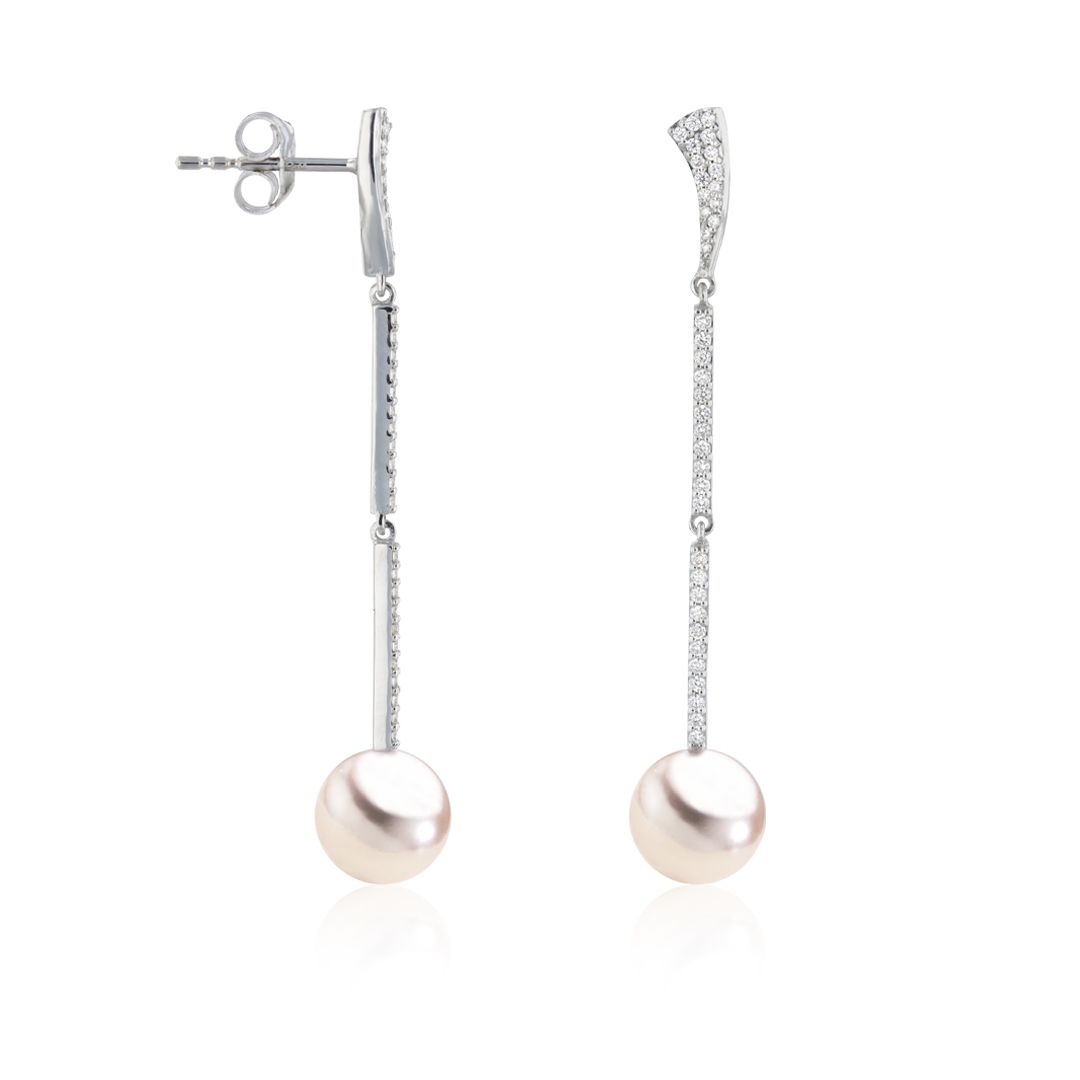 AURONOS Pendentifs d'oreilles en perles en or blanc 18K avec 76 diamants 0.34ct et perles Akoya 8-8.5mm