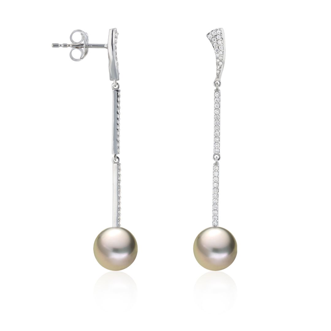 AURONOS Pendentifs d'oreilles en perles en or blanc 18K avec 76 diamants 0.34ct et perles de Tahiti 8.5-9mm