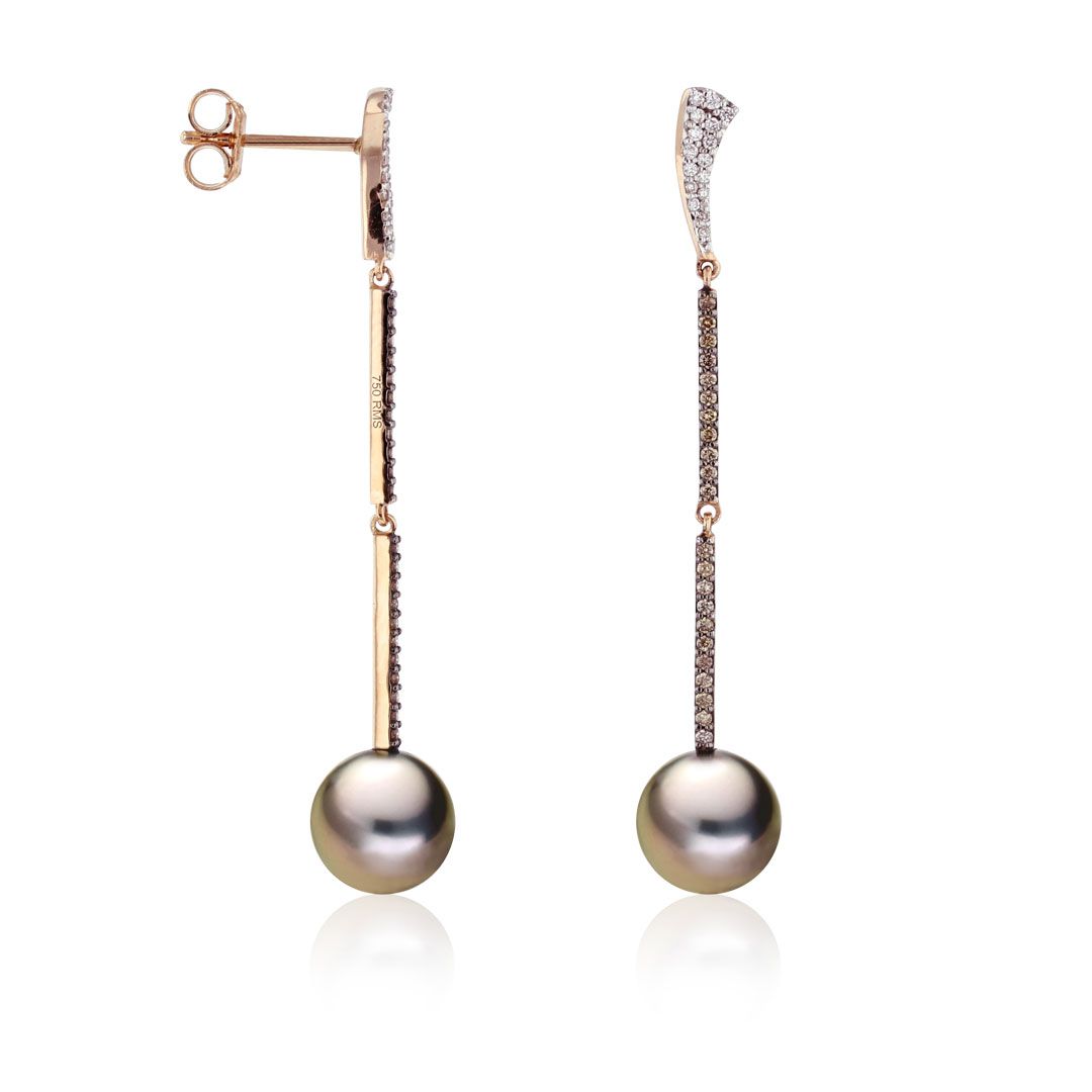 AURONOS Pearl earrings 18K rose gold with 32 white diamonds 0.12ct / 44 brown diamonds 0.22ct and Tahitian pearls 8.5-9mm