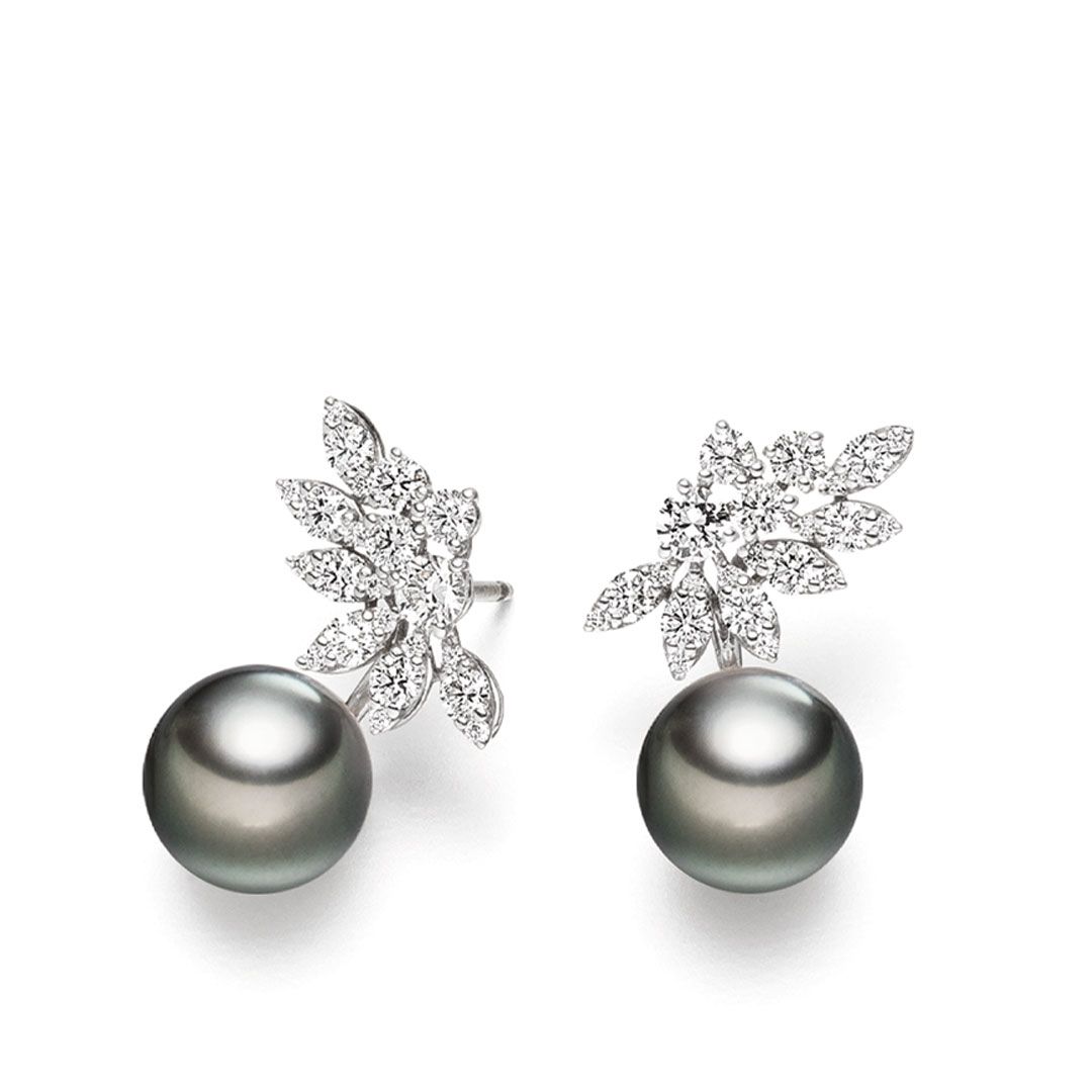 AURONOS Pearl stud earrings 18K white gold with diamonds G/VSI 1.23ct Tahitian pearls 9-10mm