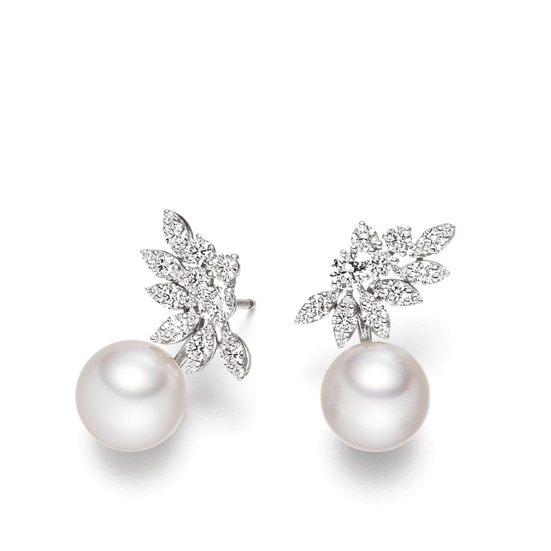 AURONOS Perles Boucles d'oreilles en or blanc 18K avec diamants G/VSI 1.23ct Perles des Mers du Sud 9-10mm