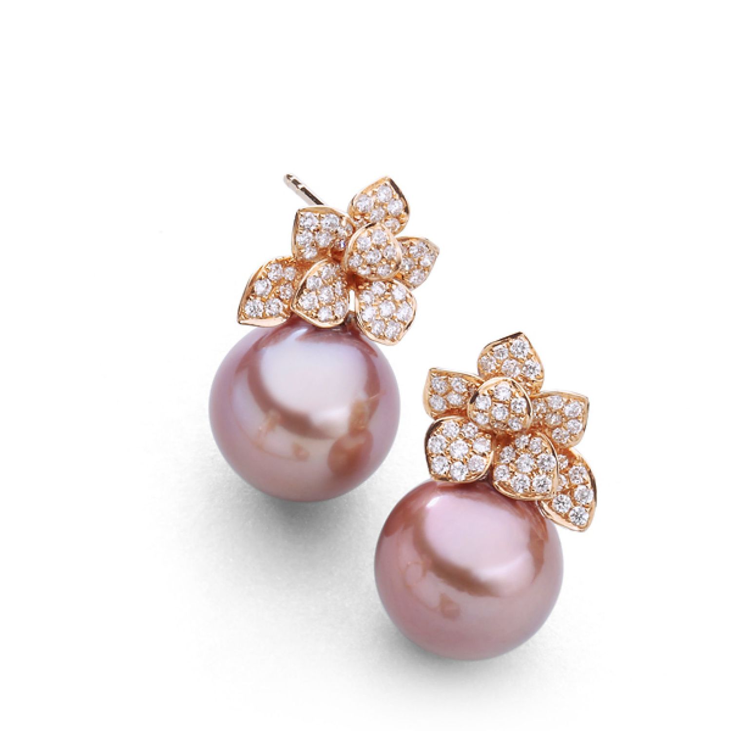 AURONOS Perles Boucles d'oreilles en or rose 18K avec 98 diamants 0.50ct Perles Ming 11-12mm