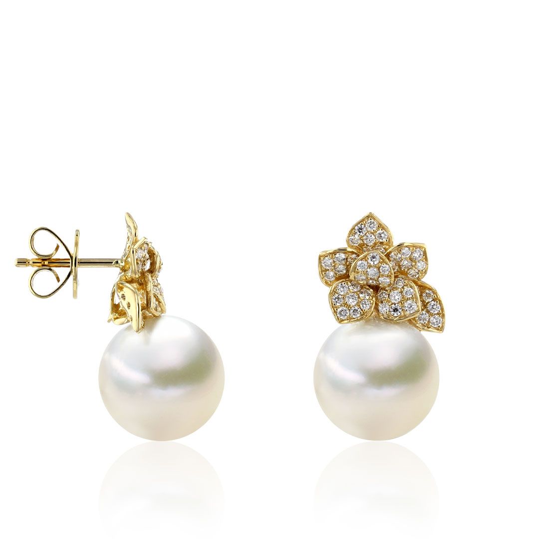 AURONOS Pearl stud earrings 18K yellow gold with 98 diamonds 0.50ct South Sea pearls 10-11mm