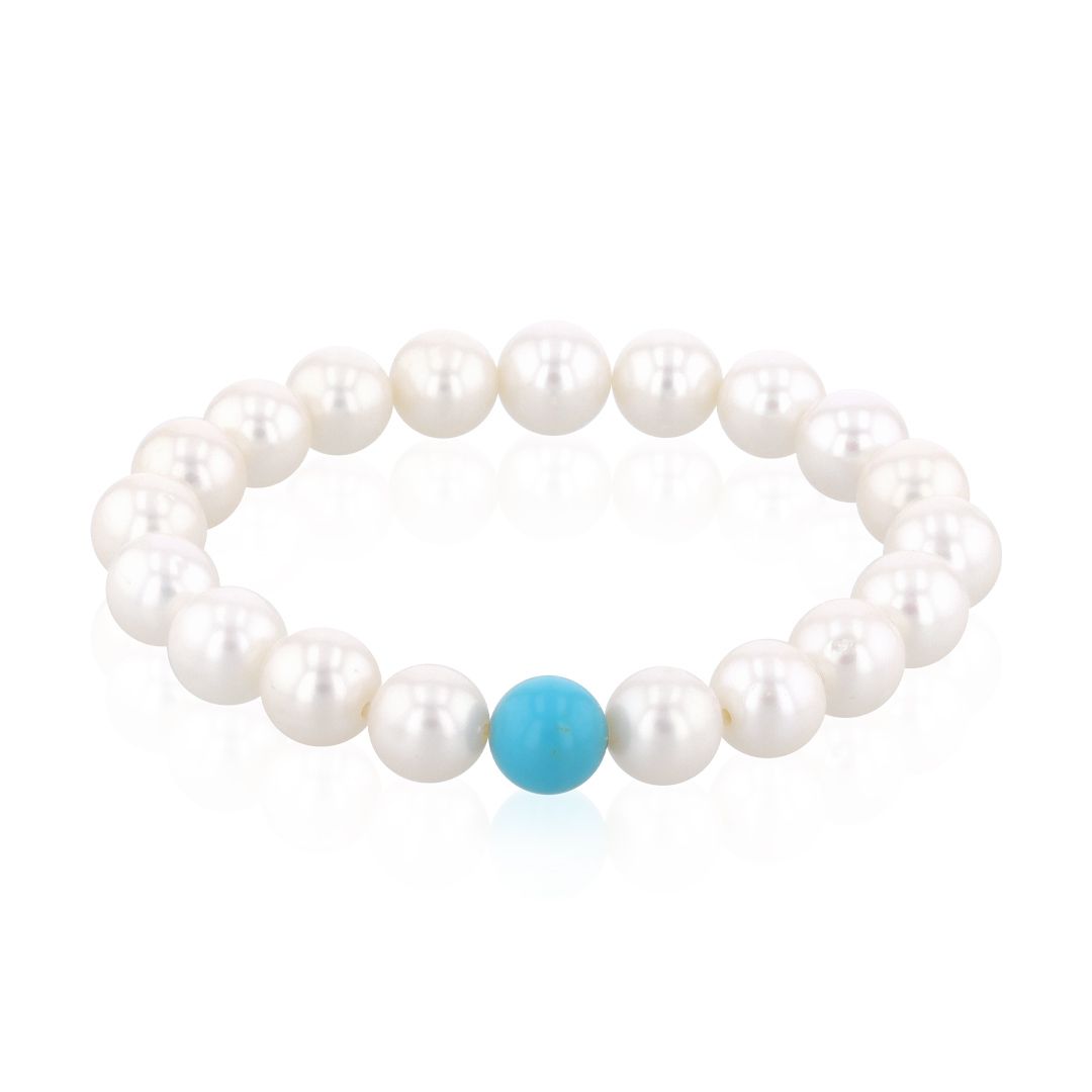 AURONOS Bracelet de perles avec pierre de turquoise et perles d'eau douce 9-10mm 19cm de long