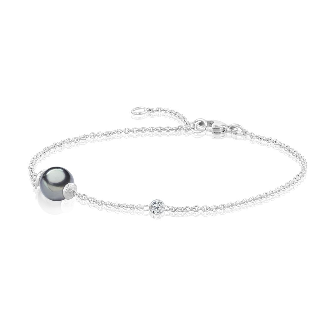 AURONOS Bracelet de perles en or blanc 18K avec diamant 0.06ct et perle de Tahiti 9-10mm de long 19cm