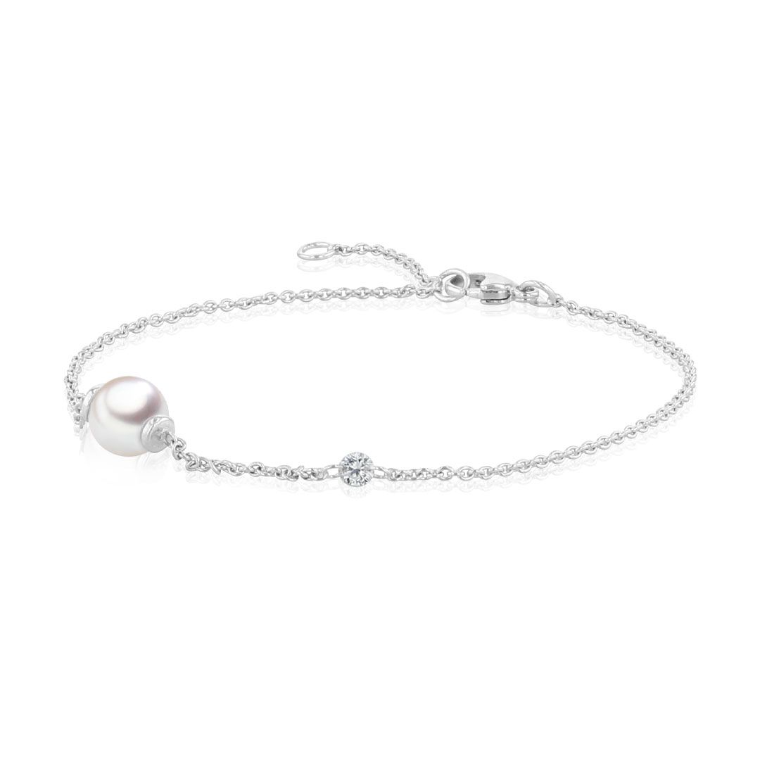 AURONOS Bracelet de perles en or blanc 18K avec diamant 0.06ct et perle Akoya 5.5-6mm de long 19cm