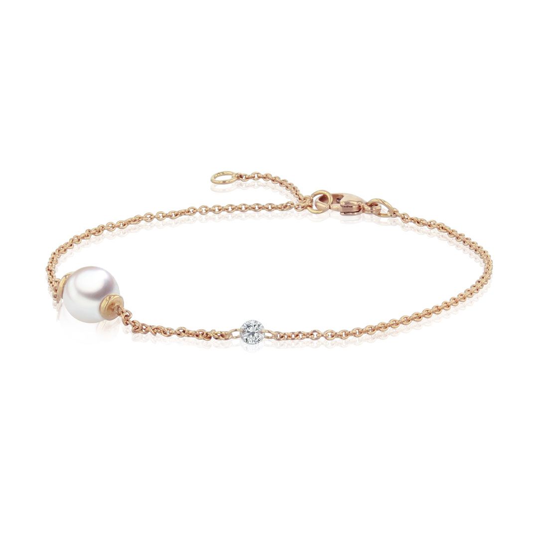 AURONOS Bracelet de perles en or rose 18K avec diamant 0.06ct et perle d'akoya 5.5-6mm de long 19cm