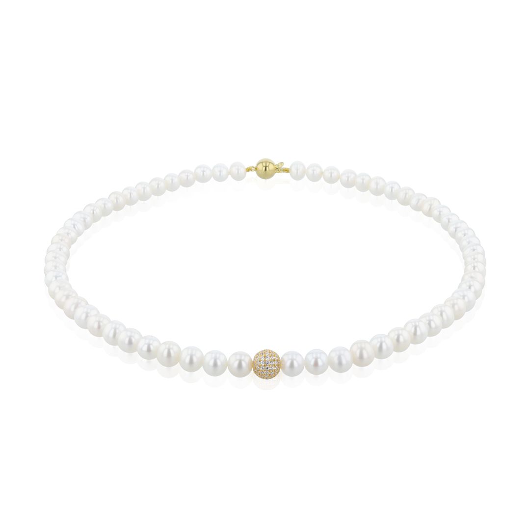 AURONOS Pearl necklace in 925 silver gold-plated with zirconia and "potato-shape" freshwater pearl 6.5-7mm 42cm long