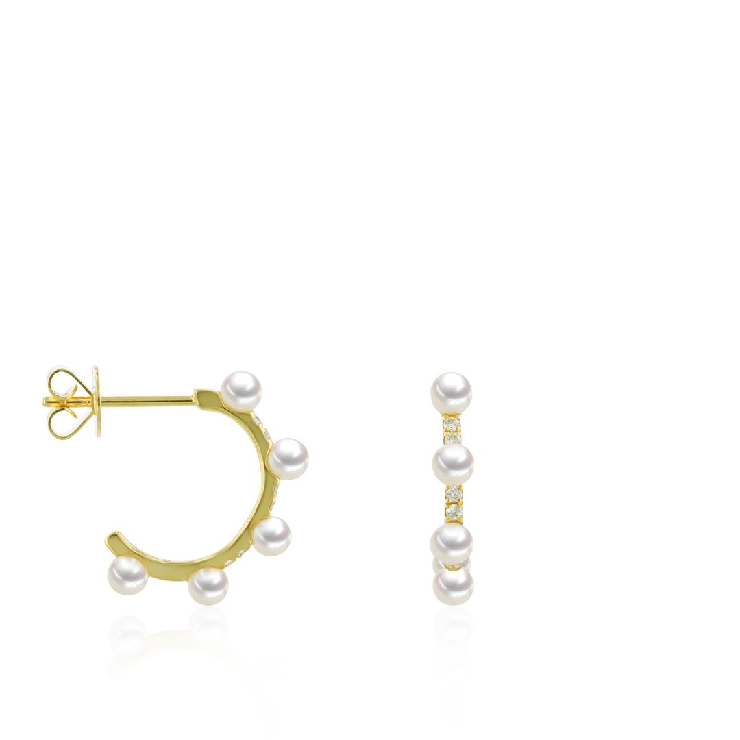 AURONOS Pearl hoop earrings in 18K yellow gold with 12 brilliant-cut diamonds 0.07ct and freshwater pearls 2.5-3mm