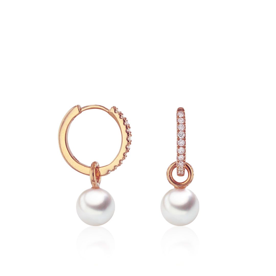 AURONOS Pearl hoop earrings in 18K rose gold with 20 brilliant-cut diamonds 0.11ct and Akoya pearls 5.5-6mm