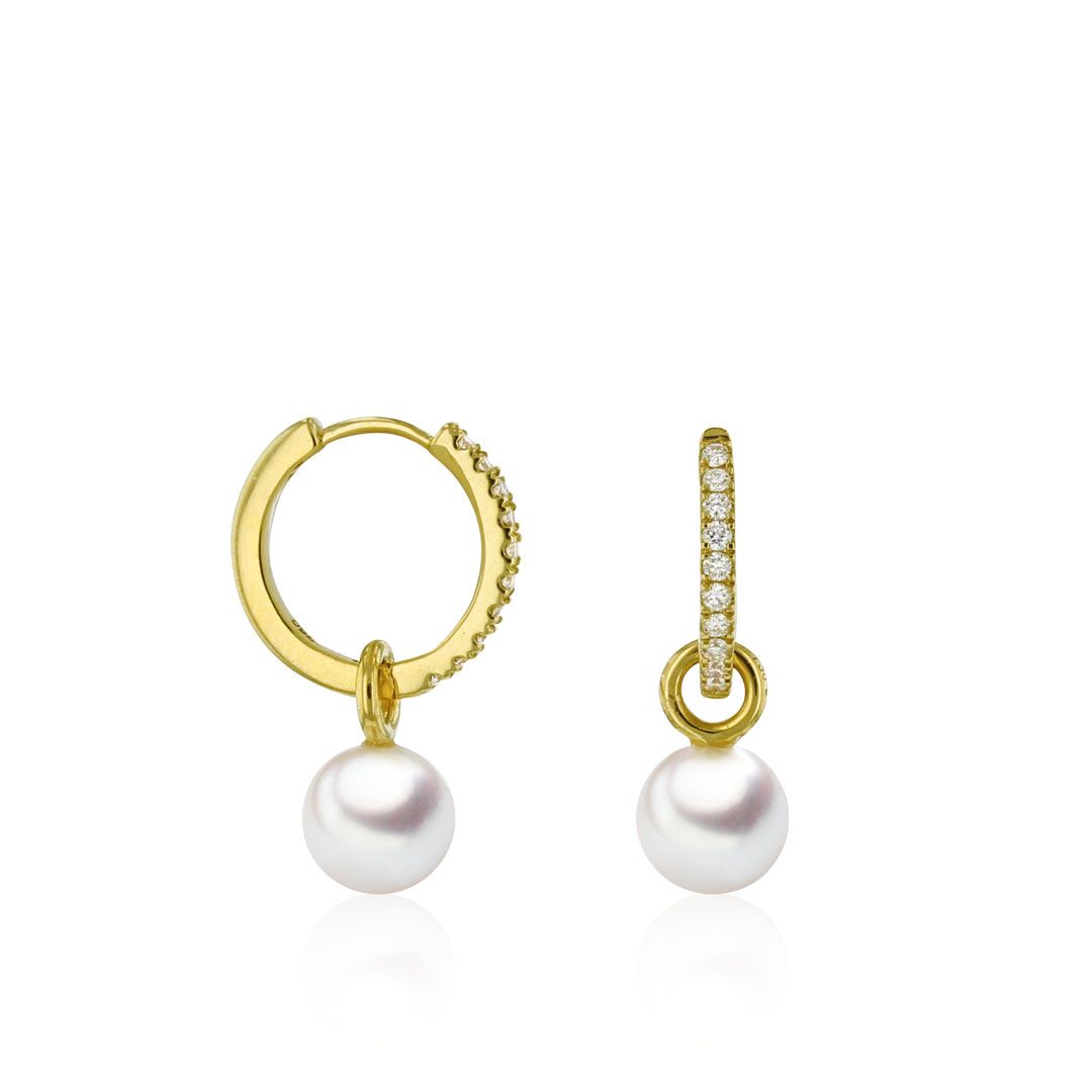 AURONOS Pearl hoop earrings in 18K yellow gold with 20 brilliant-cut diamonds 0.11ct and Akoya pearls 5.5-6mm